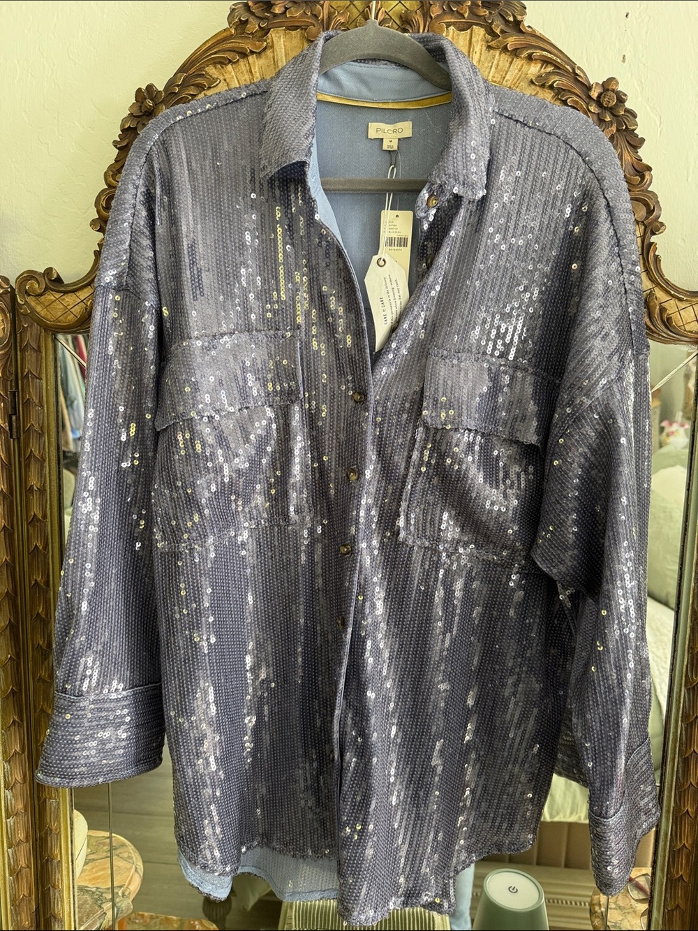 Pilcro Silver Sequin Lightweight Shirt Jacket
